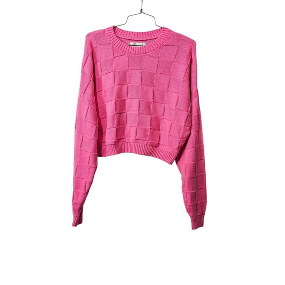 Hollister Knit Long Sleeve Woven Crew Neck Cotton Cropped Pink Sweater - Picture 1 of 9